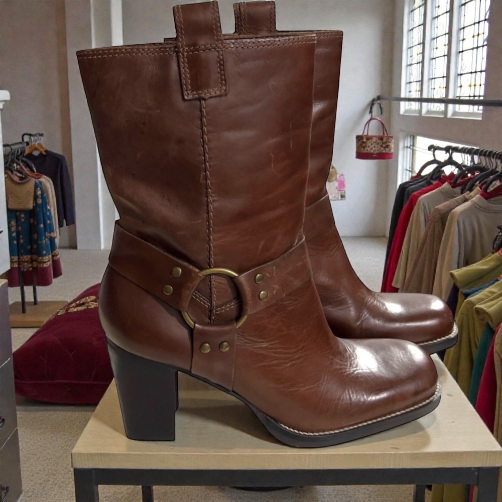 MIA Women's Brown Leather Harness Buckle‎ Block Heel Ankle Boots Size 9M